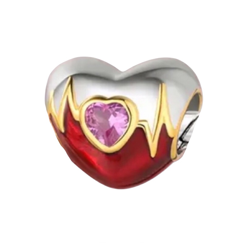 S925 Silver Red Heart EKG Charm Pandora Style